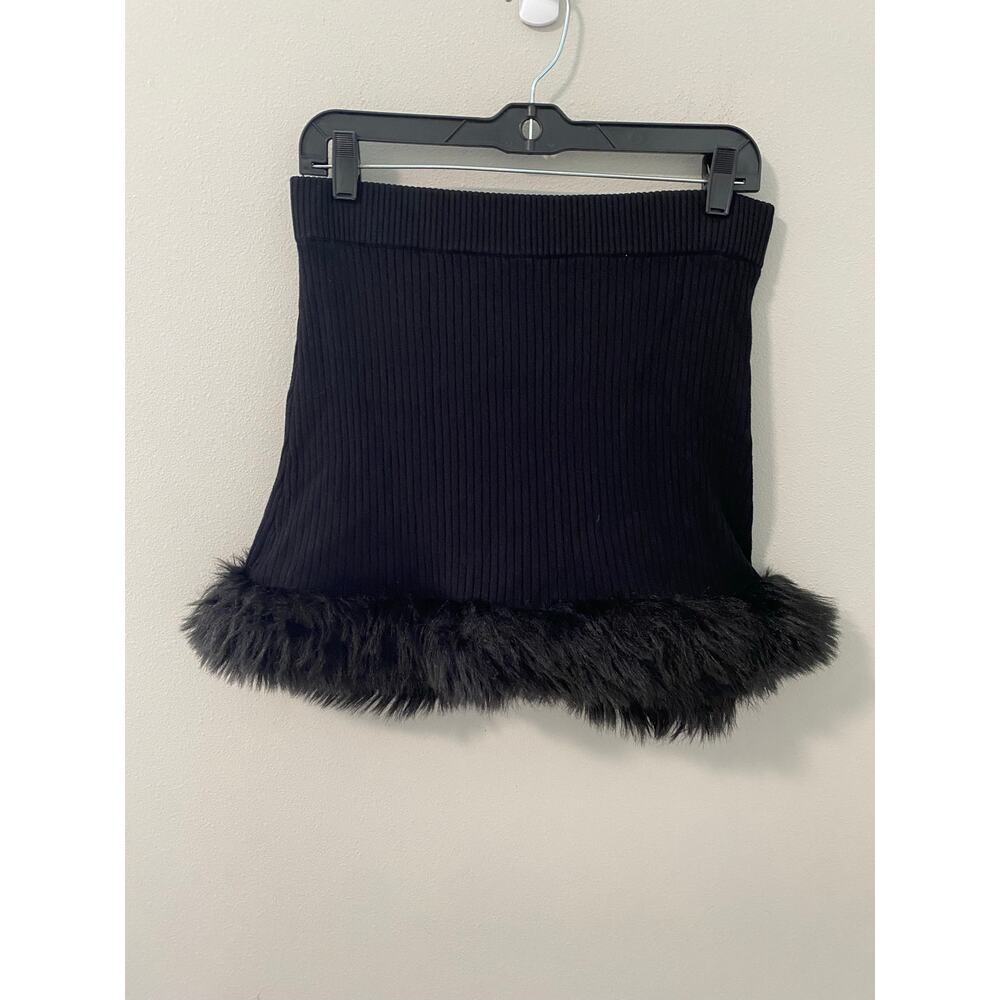 Show Me Your Mumu Fran Mini Skirt in Black Knit with Faux Fur Trim, Size Large